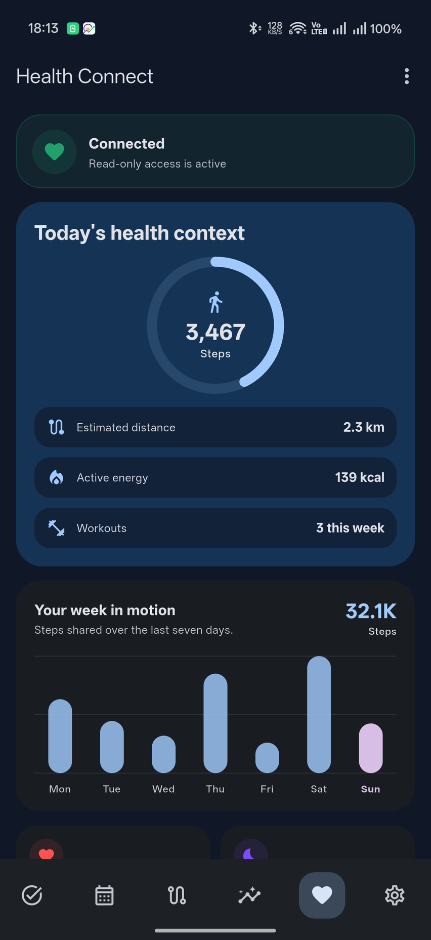 DayVector Health dashboard showing today's steps, distance, active energy, workouts and a seven-day movement chart
