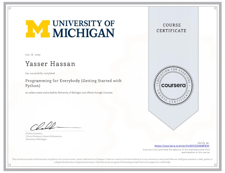Programming for Everybody (Getting Started with Python) – University of Michigan certificate image
